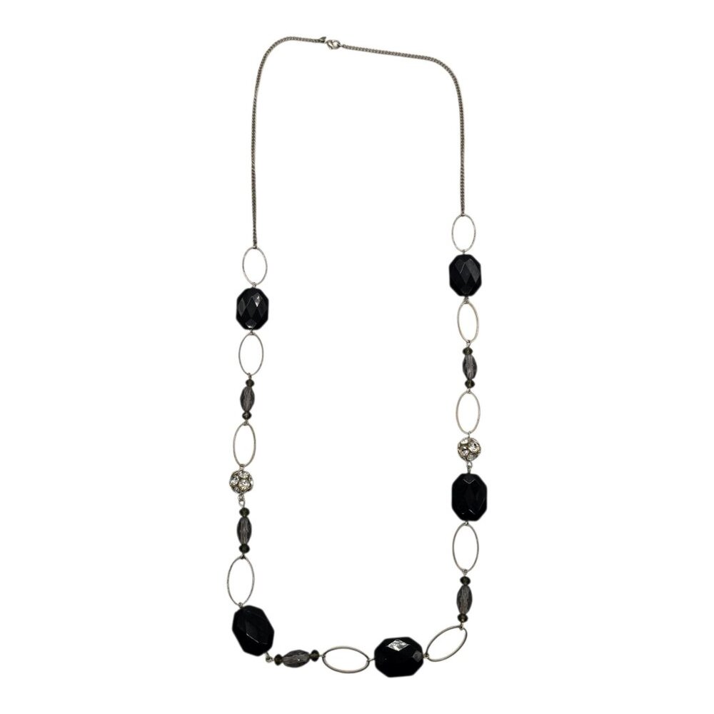 Vintage NRT Silver-Tone Chain Necklace With Black & Clear Beads 17-Inch Length